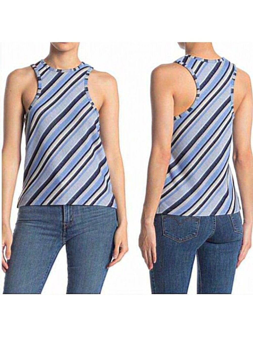 FREE PEOPLE Blue Striped Sidelines‎ Tank Top Size M